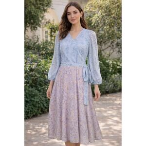 Ann Taylor Floral Wrap Midi Dress Blue Lavender Size 6 Romantic Spring Easter